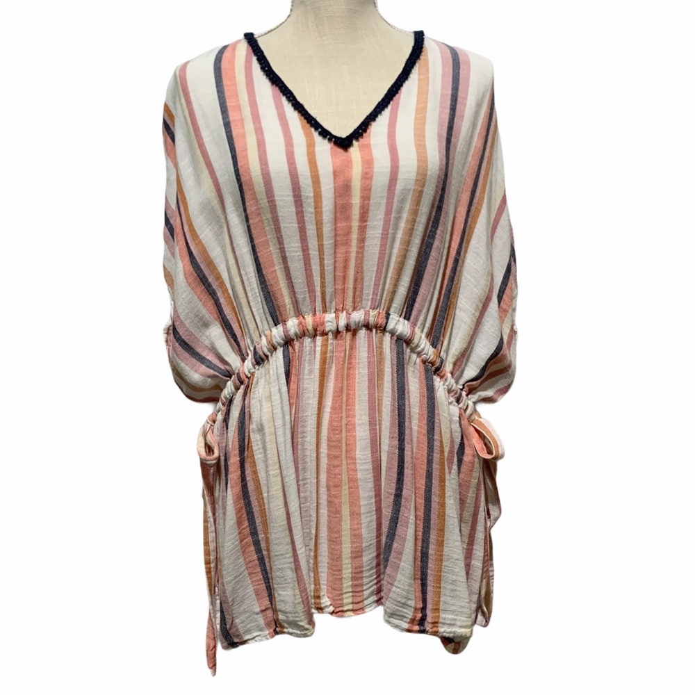 Express V-Neck Kimono Top Tie Waist Pom Pom Trim